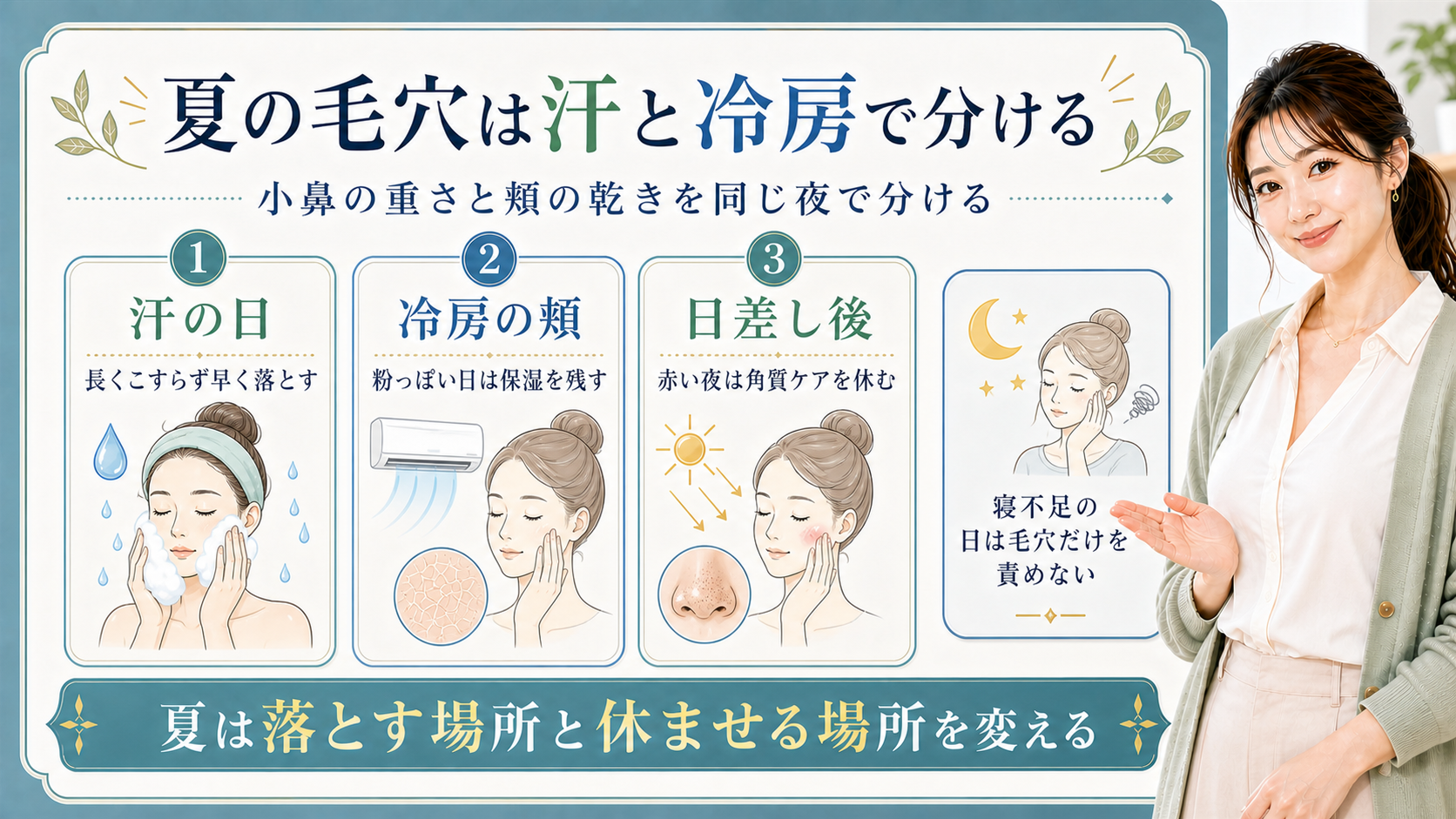 夏の毛穴を汗・冷房・日差しで分ける夜ケア解説ボード