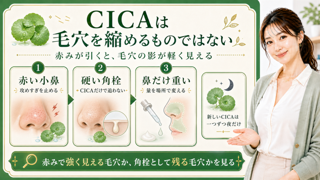 CICAは毛穴を縮めず赤みと角栓を分けて見る解説ボード