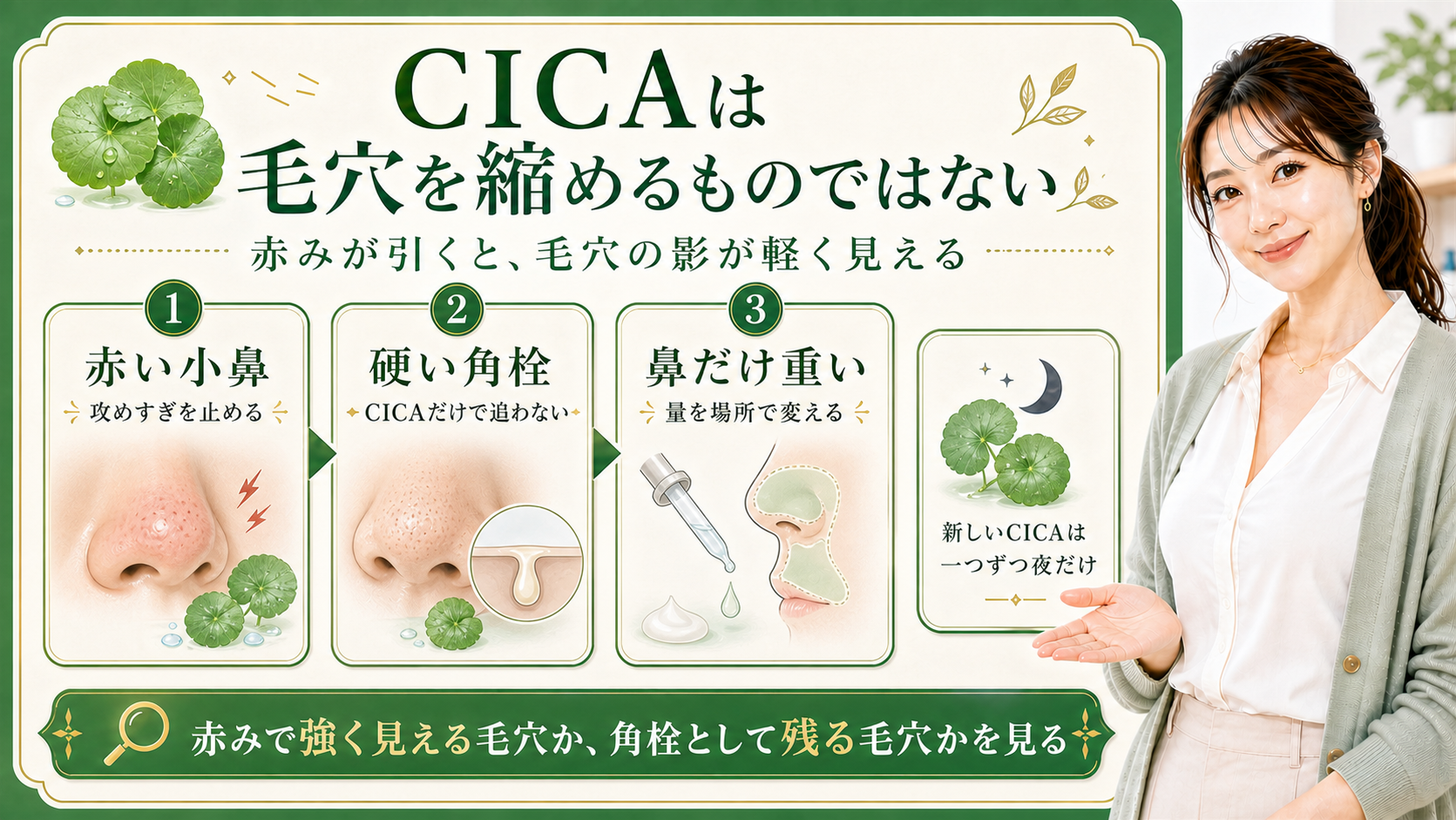 CICAは毛穴を縮めず赤みと角栓を分けて見る解説ボード