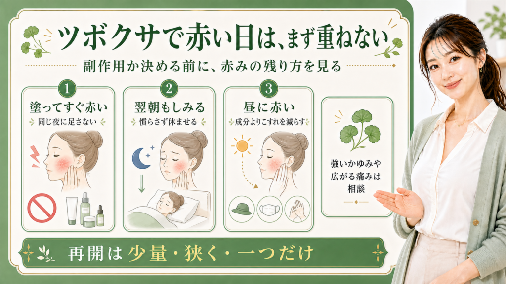 ツボクサやCICAで赤い日の止め方と再開方法の解説ボード