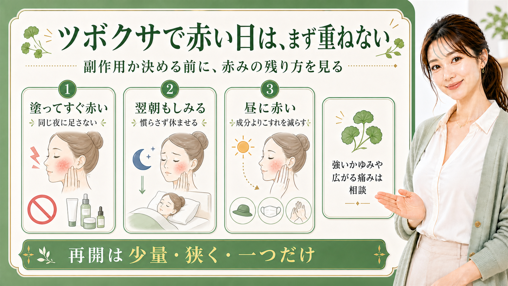 ツボクサやCICAで赤い日の止め方と再開方法の解説ボード