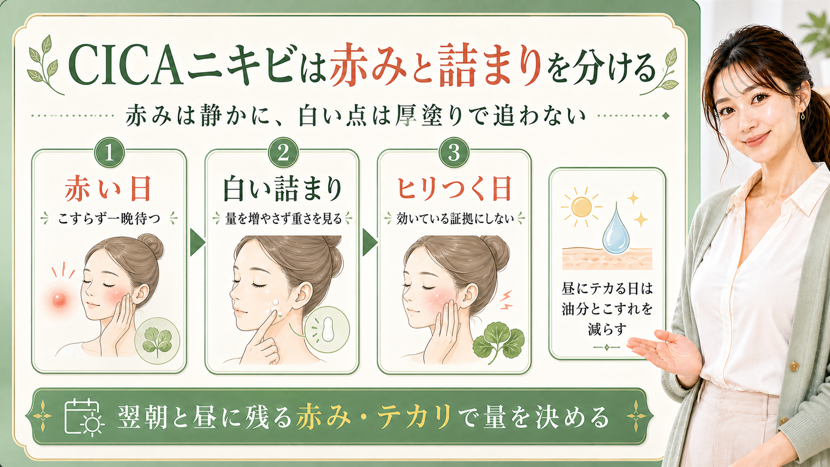 CICAとニキビを赤み・白い詰まり・ヒリつきで分ける解説ボード