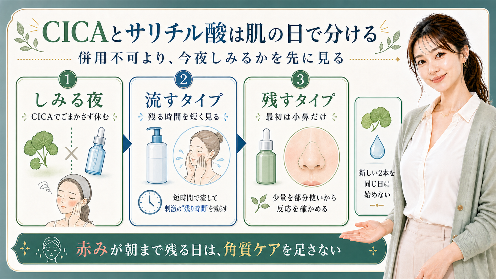 CICAとサリチル酸をしみる夜・流すタイプ・残すタイプで分ける解説ボード