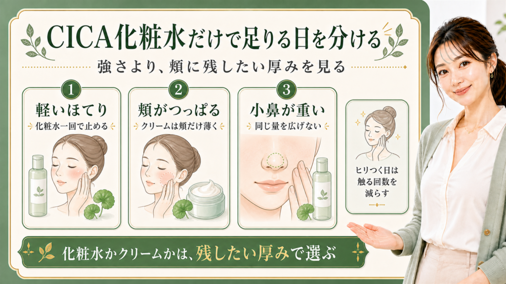 CICA化粧水とクリームを頬の厚みと小鼻の重さで分ける解説ボード
