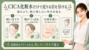 CICA化粧水とクリームを頬の厚みと小鼻の重さで分ける解説ボード