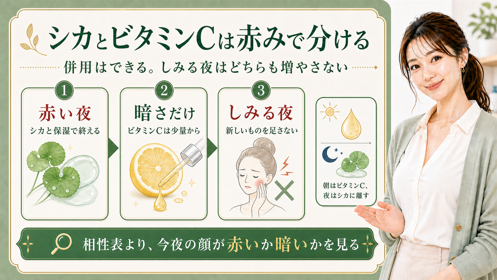シカとビタミンCの併用を赤み・暗さ・しみる夜で分ける解説ボード