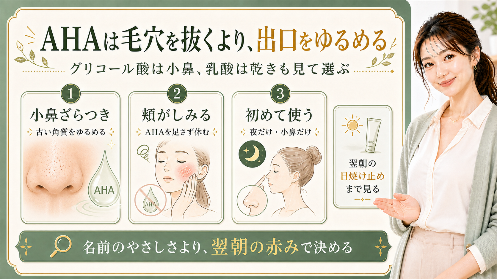 AHAとグリコール酸を小鼻ざらつき・赤み・初回使用で分ける解説ボード