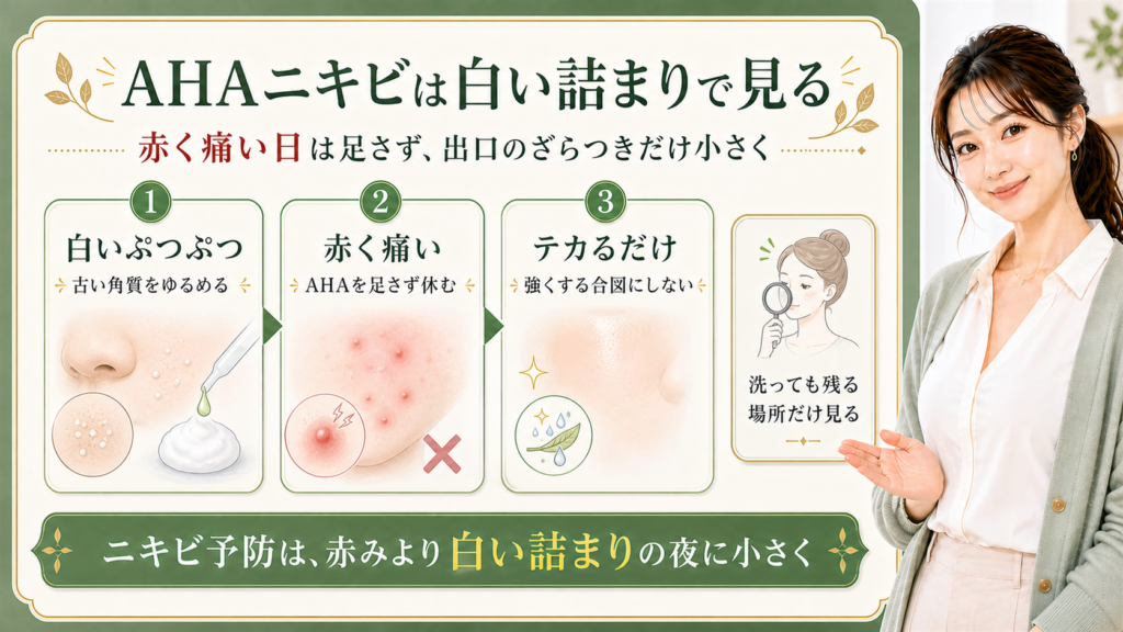AHAニキビ予防を白い詰まり・赤い痛み・テカリで分ける解説ボード