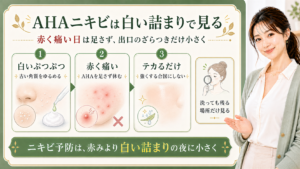 AHAニキビ予防を白い詰まり・赤い痛み・テカリで分ける解説ボード