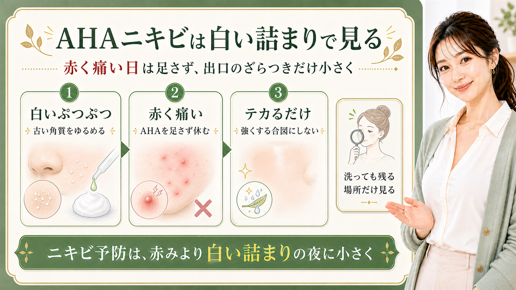 AHAニキビ予防を白い詰まり・赤い痛み・テカリで分ける解説ボード