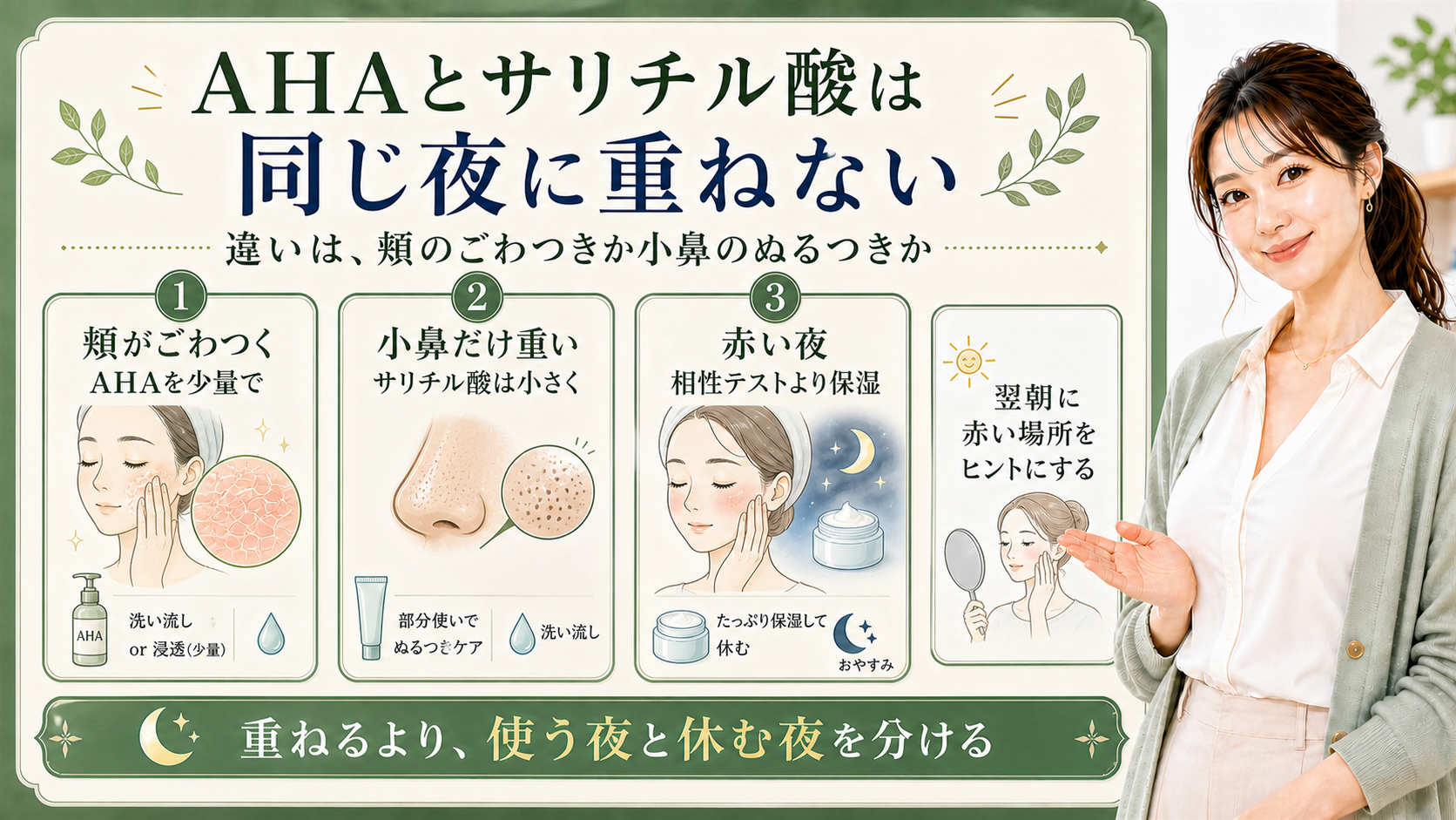 AHAとサリチル酸を頬のごわつき・小鼻のぬるつき・赤い夜で分ける解説ボード