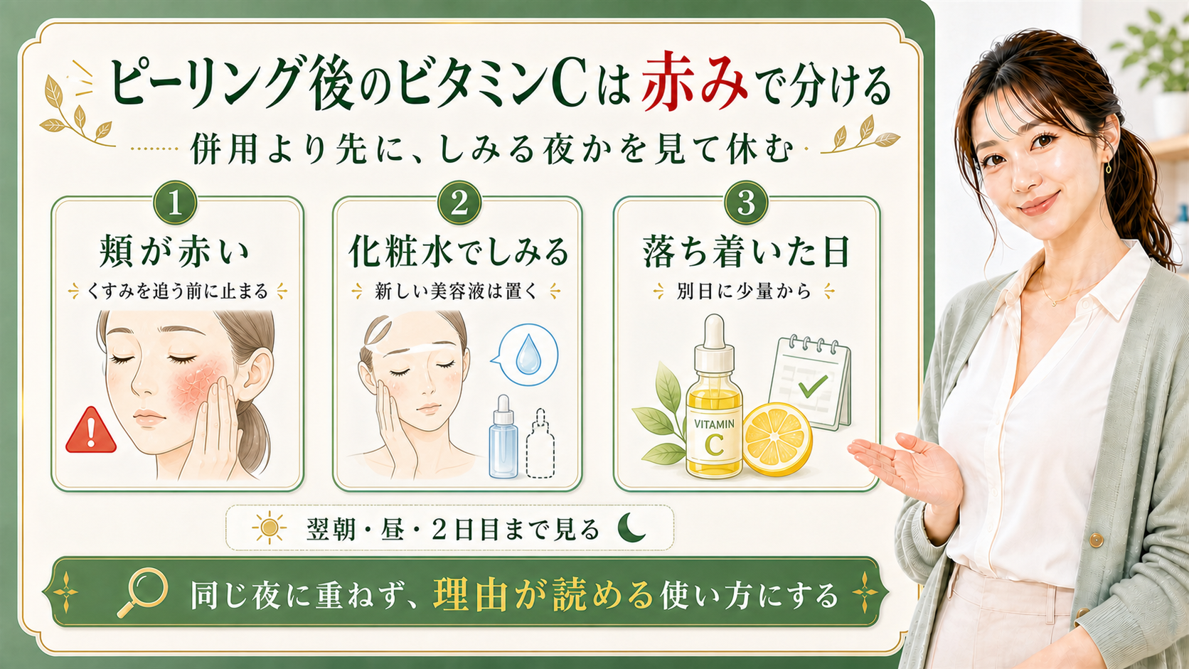 ピーリング後のビタミンC併用を赤み・しみる夜・別日使用で分ける解説ボード