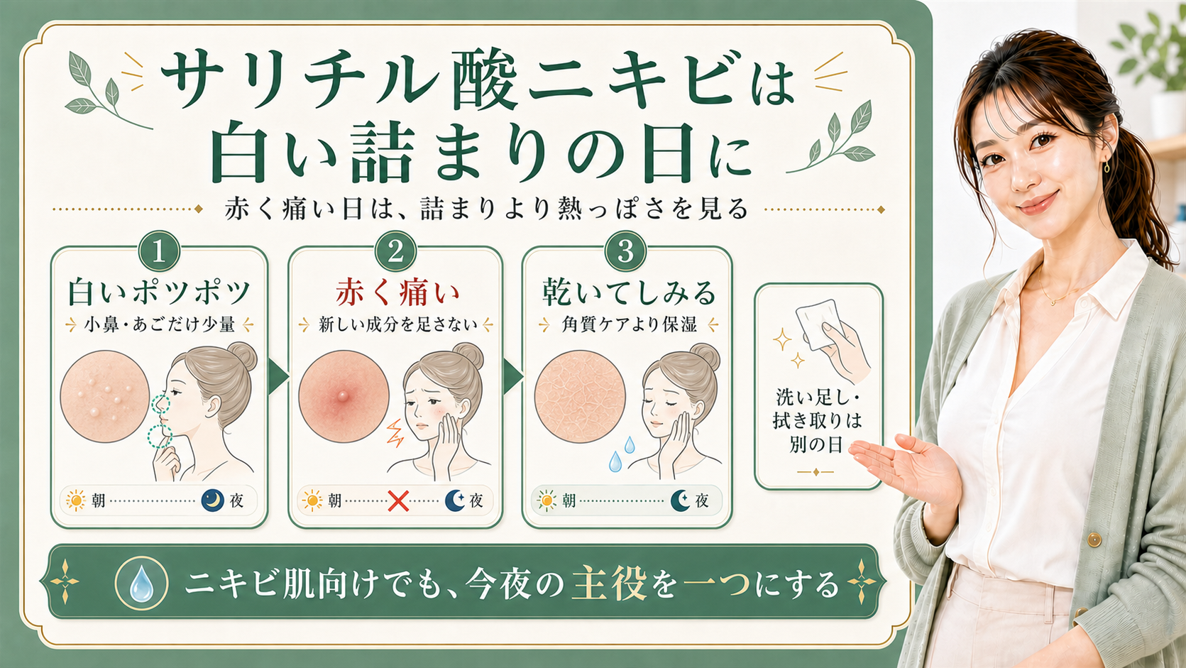 サリチル酸ニキビを白い詰まり・赤い痛み・乾きで分ける解説ボード