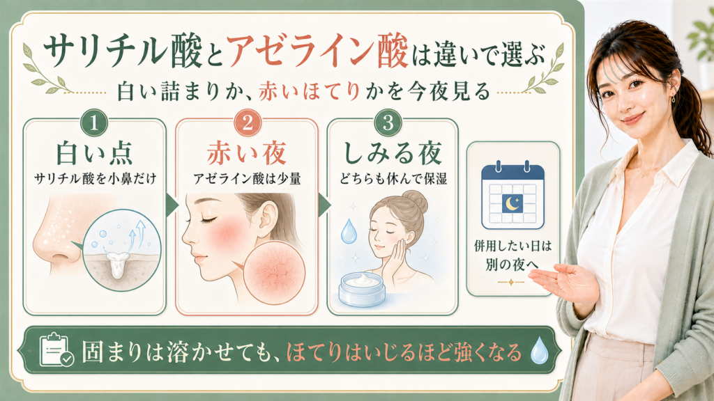 サリチル酸とアゼライン酸の違いを白い詰まり・赤いほてり・しみる夜で分ける解説ボード