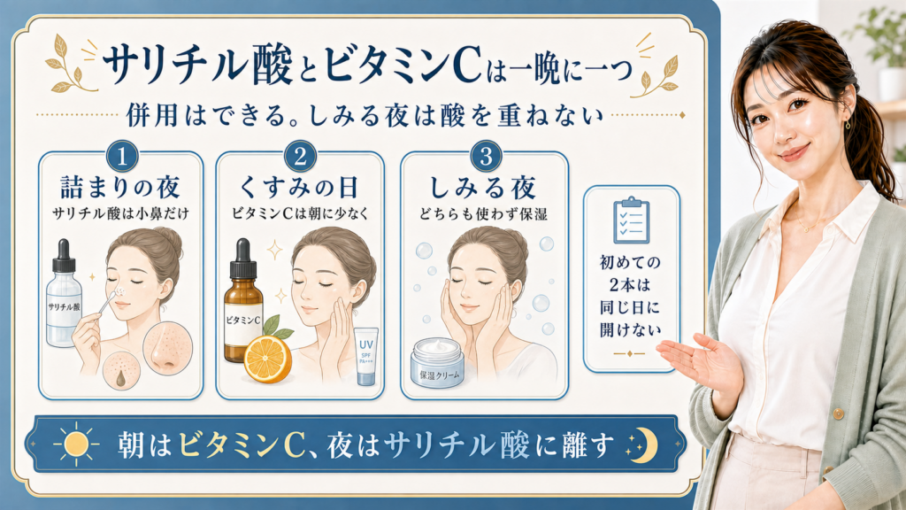 サリチル酸とビタミンCの併用を詰まり・くすみ・しみる夜で分ける解説ボード