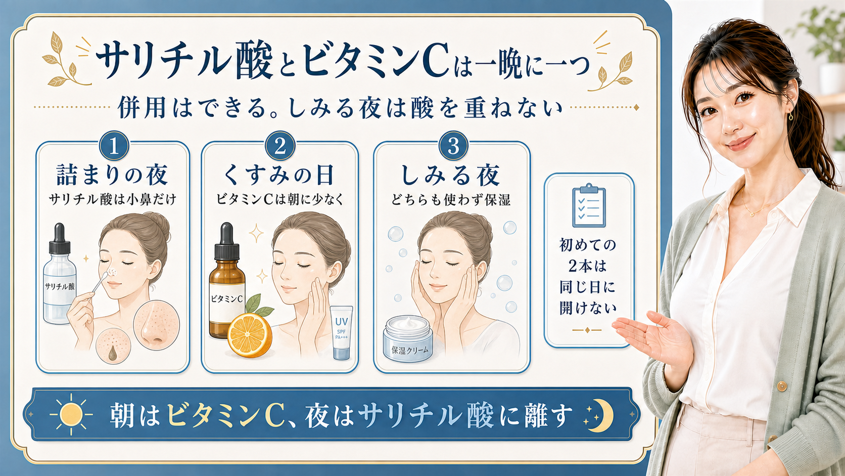 サリチル酸とビタミンCの併用を詰まり・くすみ・しみる夜で分ける解説ボード