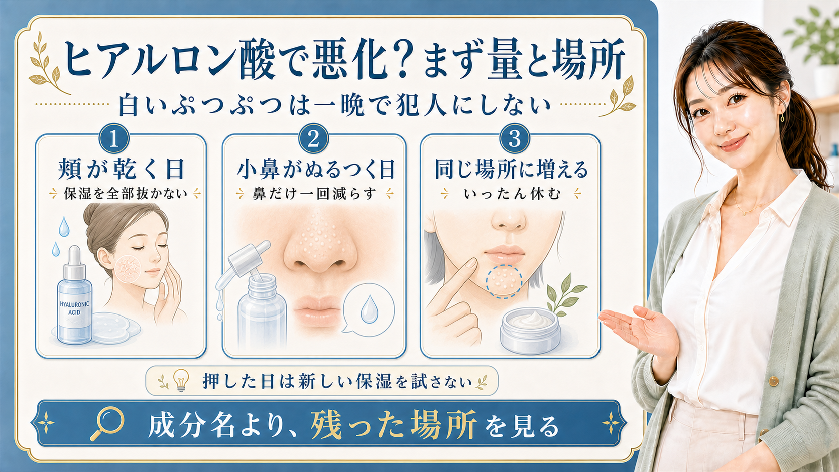 ヒアルロン酸でニキビ悪化に見える日の量と場所を頬・小鼻・同じ場所で分ける解説ボード