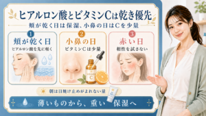 ヒアルロン酸とビタミンCの併用を乾き・小鼻・赤い日で分ける解説ボード