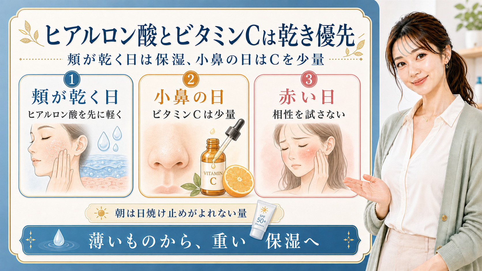 ヒアルロン酸とビタミンCの併用を乾き・小鼻・赤い日で分ける解説ボード