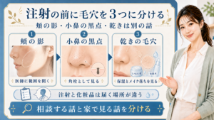 ヒアルロン酸注射を考える前に頬の影・小鼻の黒点・乾きの毛穴を分ける解説ボード