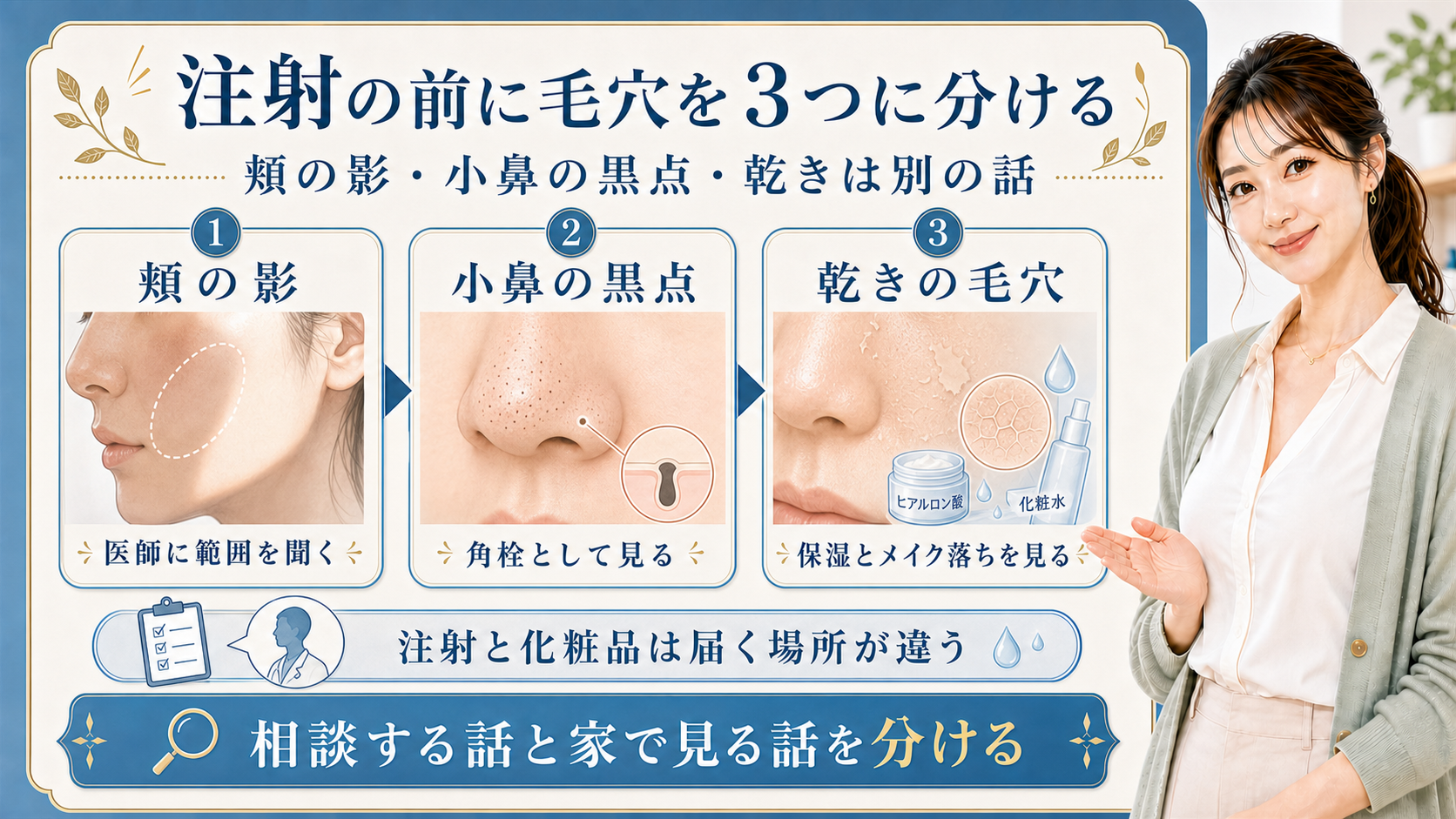 ヒアルロン酸注射を考える前に頬の影・小鼻の黒点・乾きの毛穴を分ける解説ボード