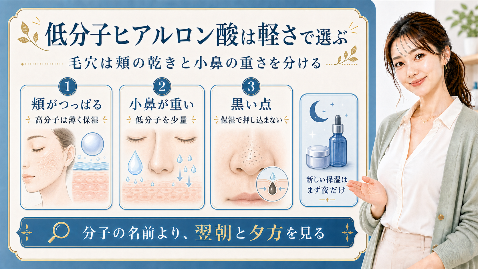 低分子ヒアルロン酸と高分子ヒアルロン酸を頬の乾き・小鼻の重さ・黒い点で分ける解説ボード
