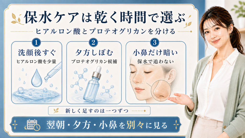 プロテオグリカンとヒアルロン酸を洗顔後・夕方・小鼻の見え方で分ける解説ボード
