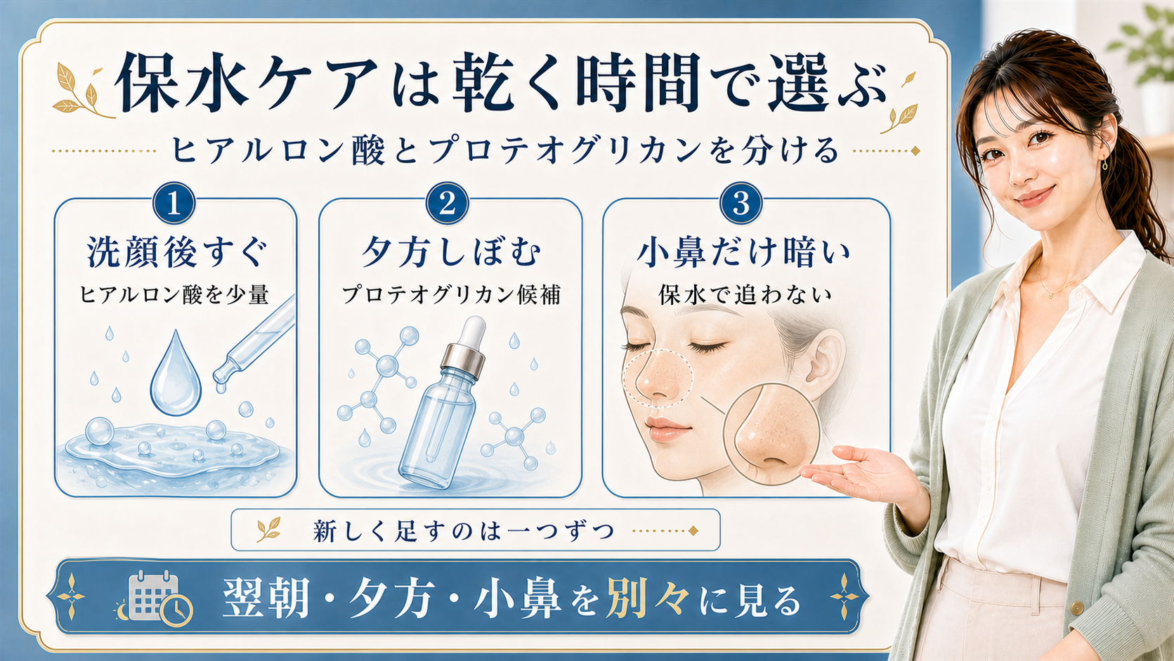 プロテオグリカンとヒアルロン酸を洗顔後・夕方・小鼻の見え方で分ける解説ボード