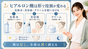 ヒアルロン酸入り化粧水・美容液・クリームの役割を頬と小鼻で分ける解説ボード