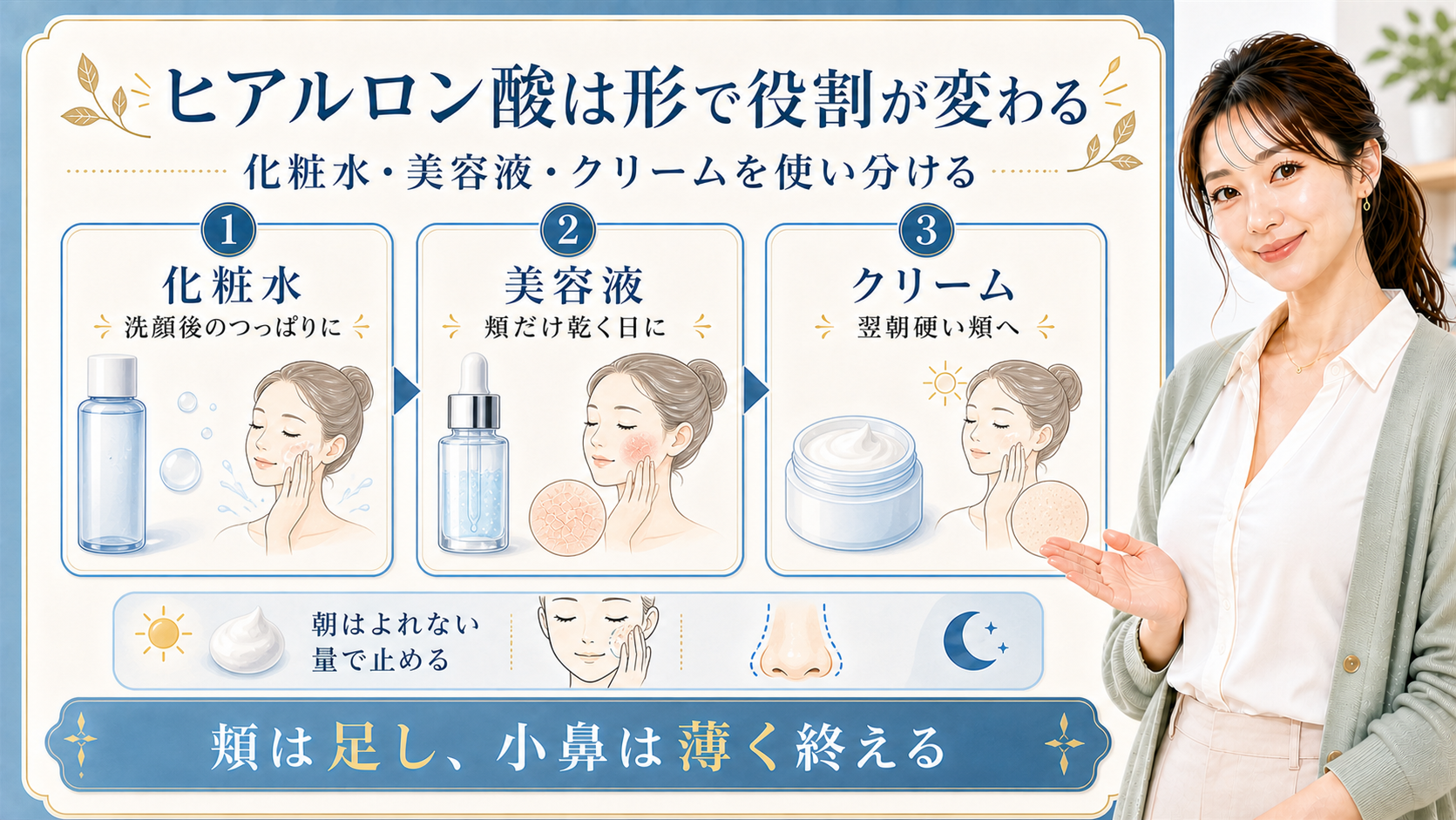 ヒアルロン酸入り化粧水・美容液・クリームの役割を頬と小鼻で分ける解説ボード