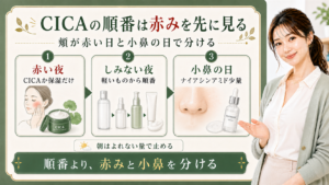 CICAとナイアシンアミドの順番を赤い夜・しみない夜・小鼻の日で分ける解説ボード