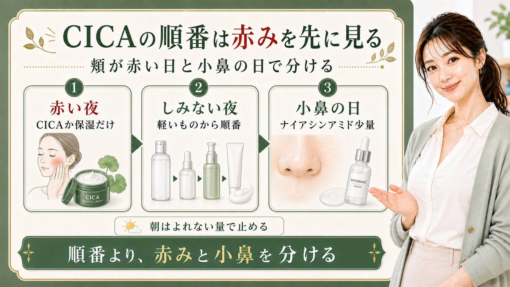 CICAとナイアシンアミドの順番を赤い夜・しみない夜・小鼻の日で分ける解説ボード
