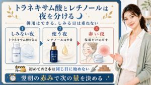 トラネキサム酸とレチノールの併用をしみない夜・使う夜・赤い夜で分ける解説ボード