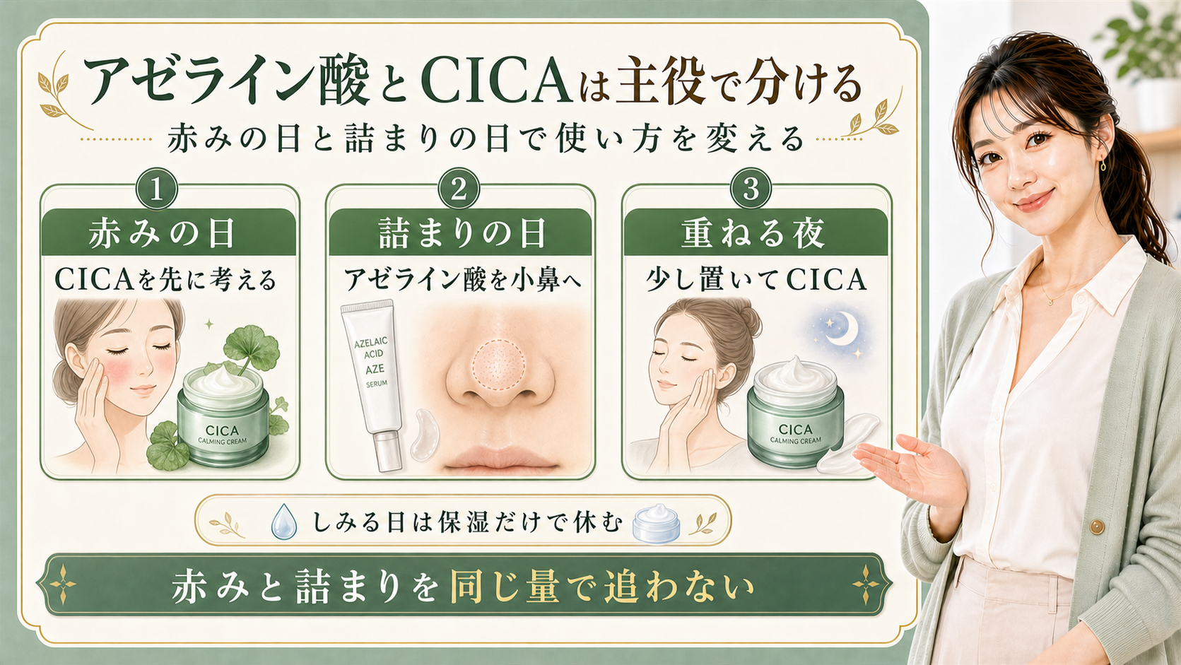 アゼライン酸とCICAの併用を赤みの日・詰まりの日・重ねる夜で分ける解説ボード