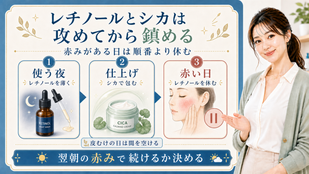 レチノールとシカの併用を使う夜・仕上げ・赤い日で分ける解説ボード