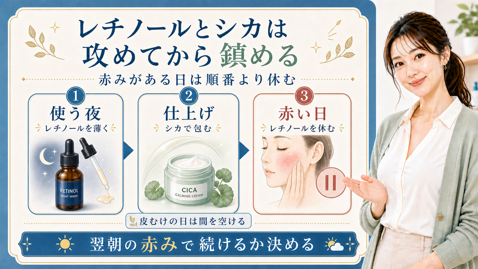 レチノールとシカの併用を使う夜・仕上げ・赤い日で分ける解説ボード
