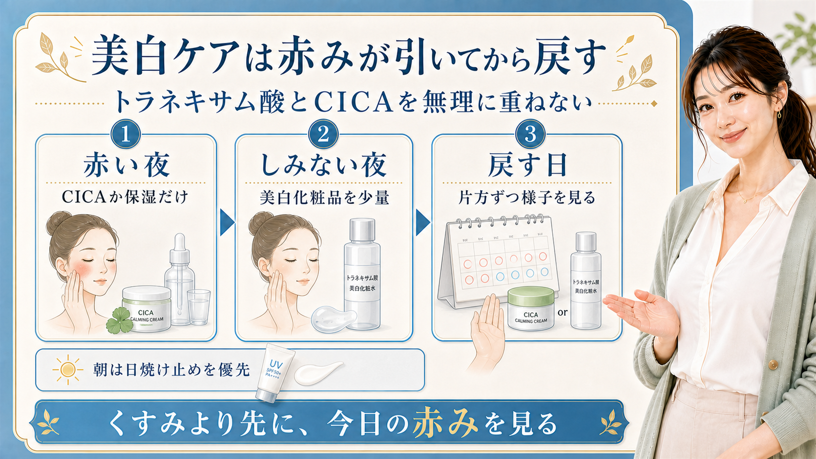 トラネキサム酸美白化粧品とCICAの併用を赤い夜・しみない夜・戻す日で分ける解説ボード
