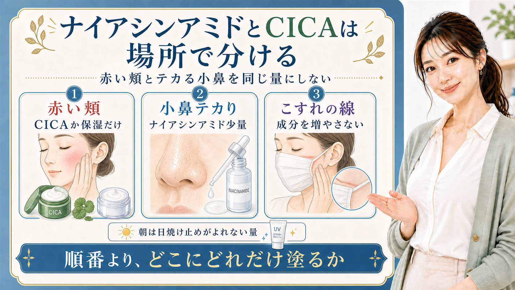 ナイアシンアミドとCICAの併用を赤い頬・小鼻テカり・こすれの線で分ける解説ボード