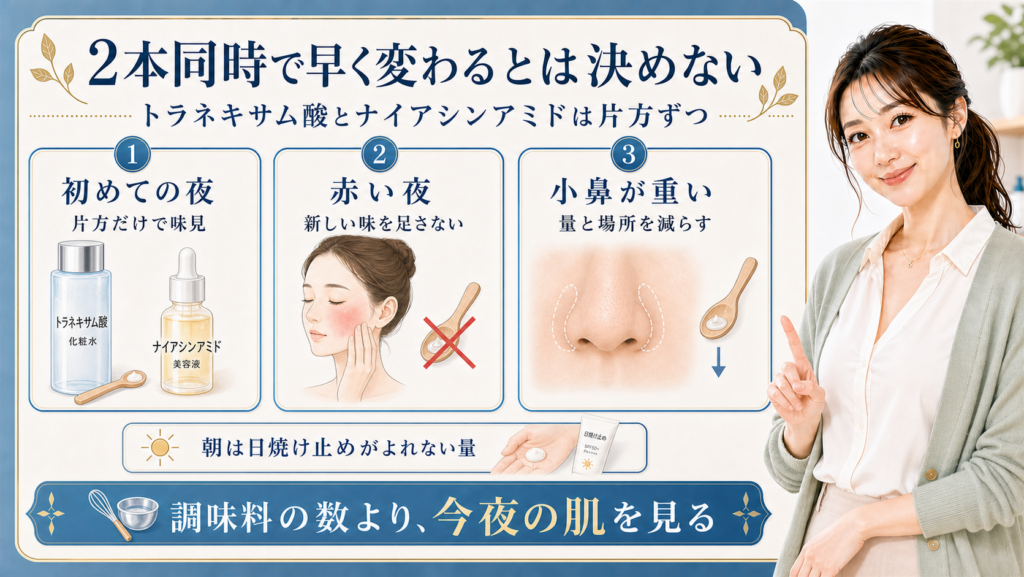 トラネキサム酸とナイアシンアミドを初めての夜・赤い夜・小鼻が重い日で分ける解説ボード