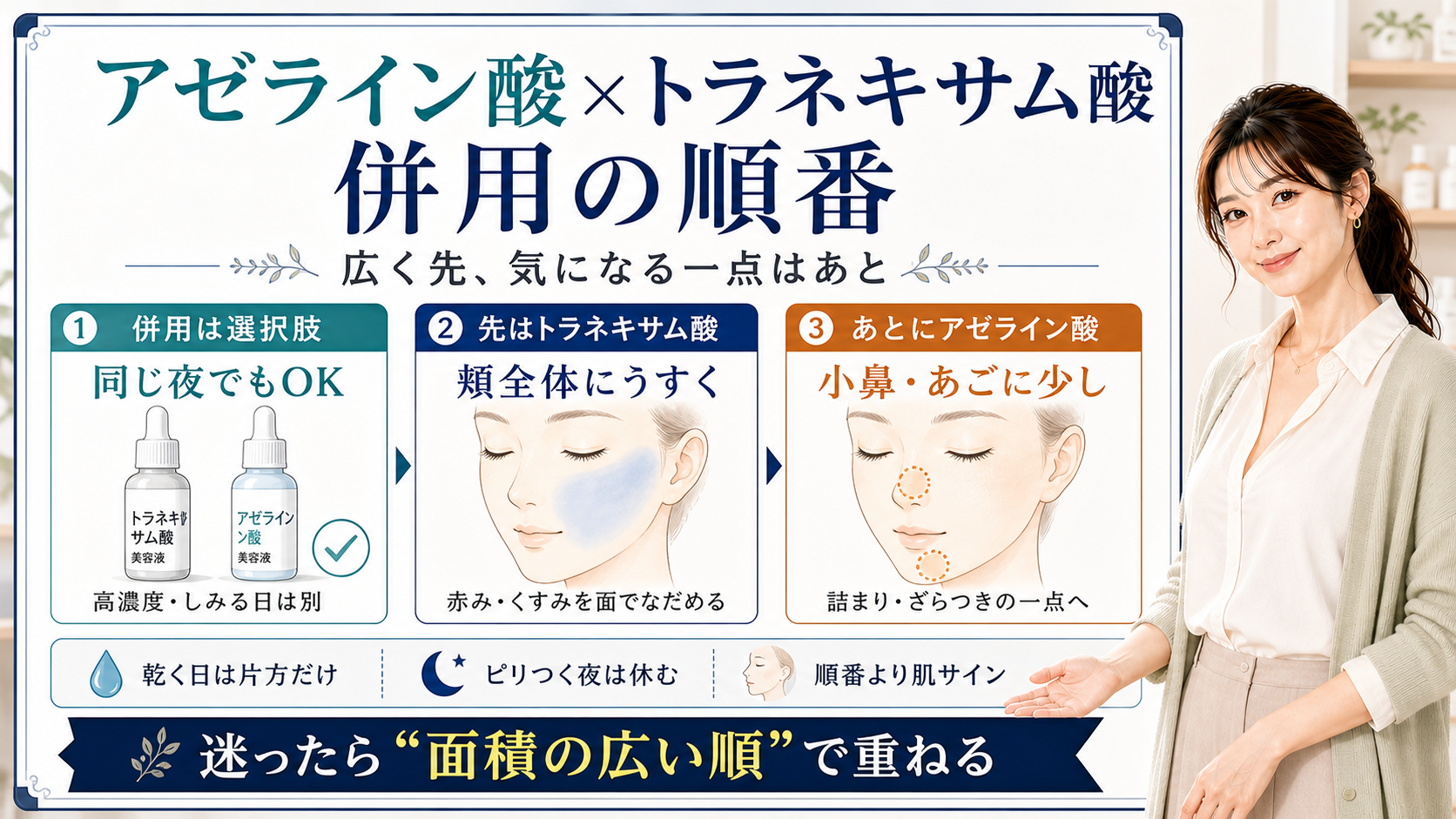 アゼライン酸とトラネキサム酸の併用順番を、トラネキサム酸を先に広く、アゼライン酸をあとに一点へ使う流れで整理した図