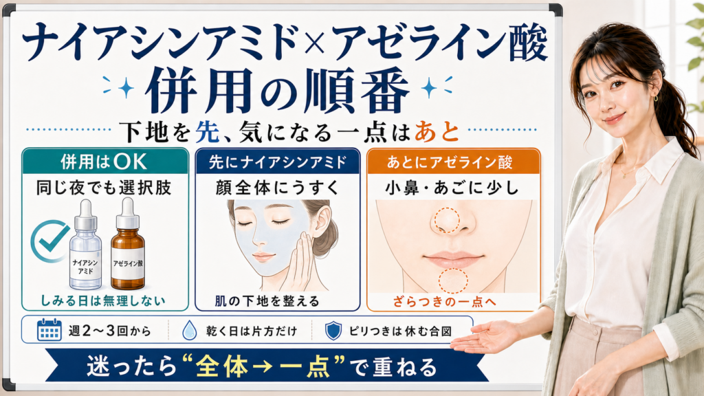 ナイアシンアミドとアゼライン酸の併用順番を、全体にナイアシンアミド、気になる一点にアゼライン酸として整理した図