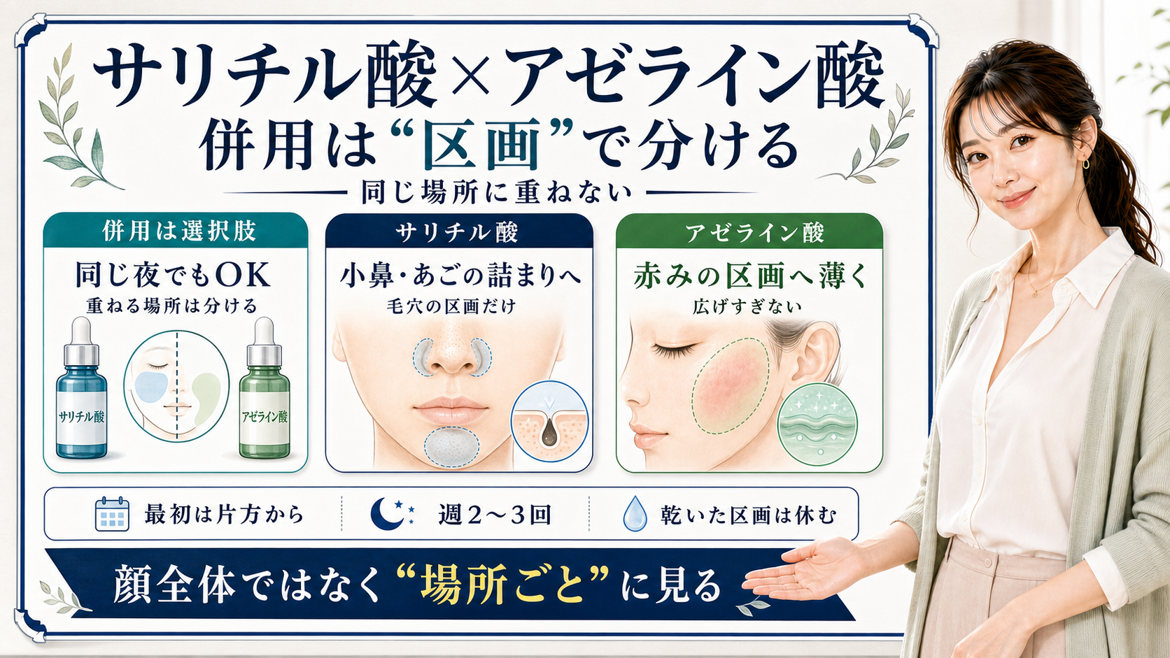 サリチル酸とアゼライン酸の併用を、同じ場所に重ねず小鼻やあごの詰まり区画と赤み区画で分ける図