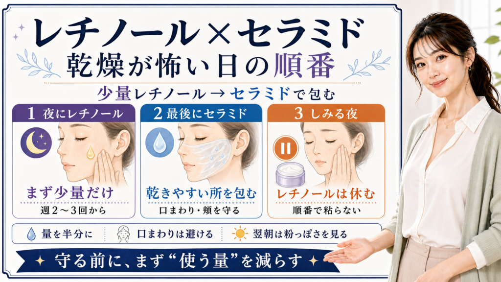 レチノールとセラミドの順番を、夜に少量レチノール、最後にセラミド、しみる夜は休む流れで整理した図