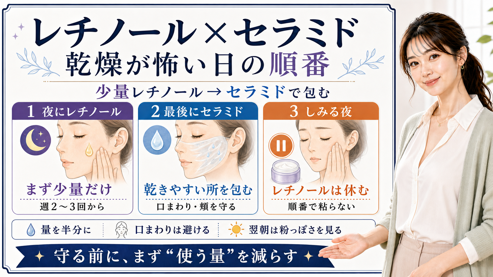 レチノールとセラミドの順番を、夜に少量レチノール、最後にセラミド、しみる夜は休む流れで整理した図