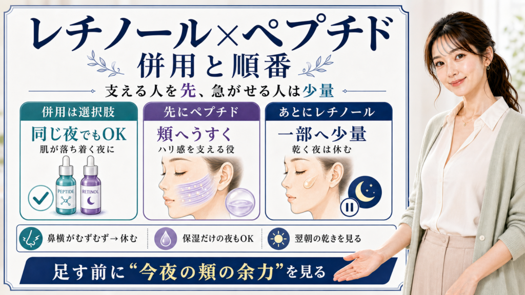 レチノールとペプチドの併用順番を、ペプチドを先に頬へ薄く、レチノールはあとに少量として整理した図