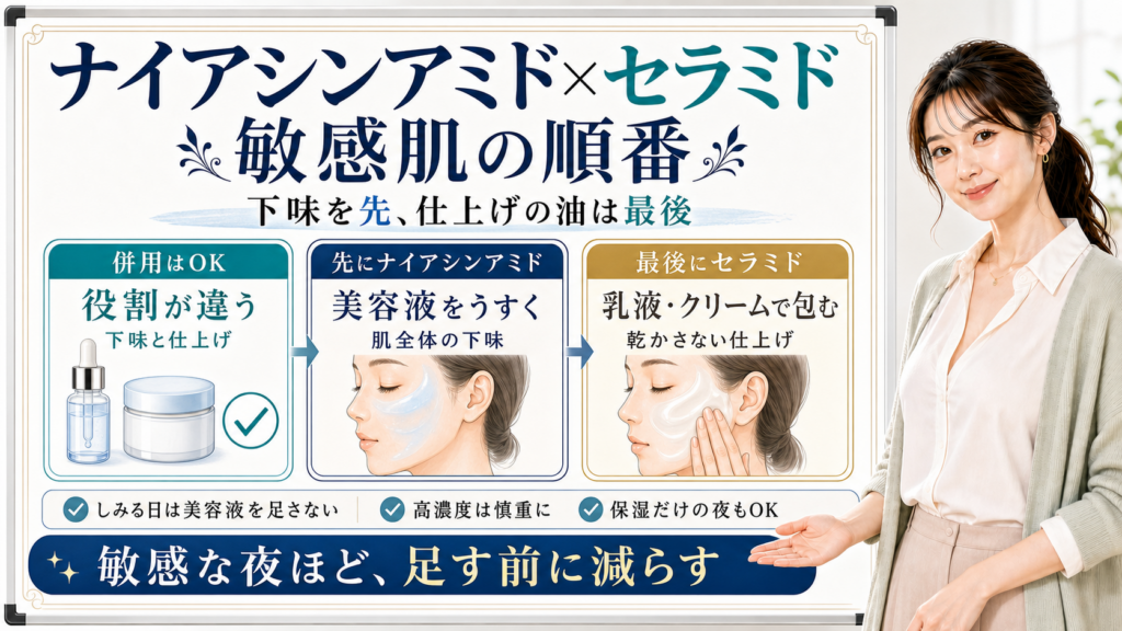 ナイアシンアミドとセラミドの順番を、美容液を先に薄く、セラミド乳液やクリームを最後に重ねる流れで整理した図