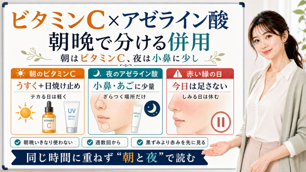 ビタミンCとアゼライン酸の併用を、朝はビタミンC、夜はアゼライン酸を小鼻やあごに少量として整理した図