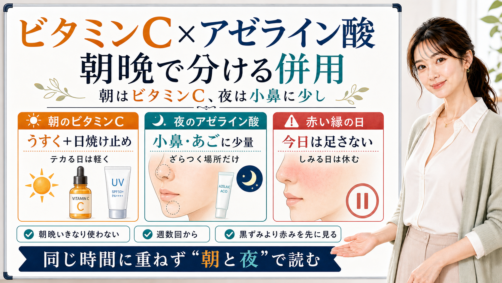 ビタミンCとアゼライン酸の併用を、朝はビタミンC、夜はアゼライン酸を小鼻やあごに少量として整理した図