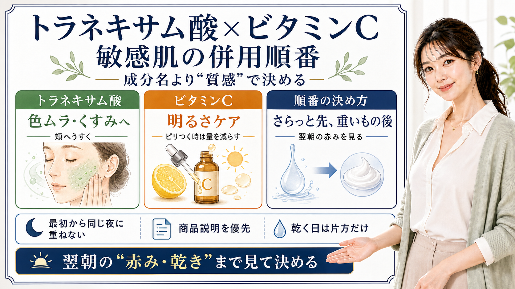 トラネキサム酸とビタミンCの併用順番を、成分名より質感で決め、さらっと先、重いもの後として整理した図