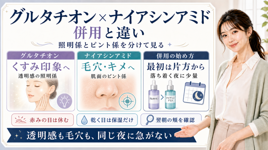グルタチオンとナイアシンアミドの併用と違いを、くすみ印象の照明係と毛穴キメのピント係として整理した図